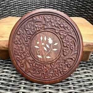 Hand-Carved Wooden Floral Trivet with Mother of Pearl Inlay – Boho Cottagecore